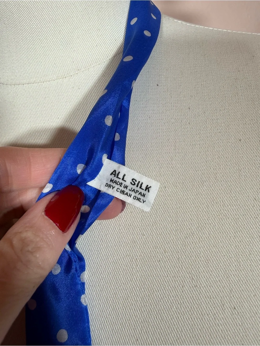 Vintage specialty House Royal blue white polka dot Silk bow neck scarf Twilly